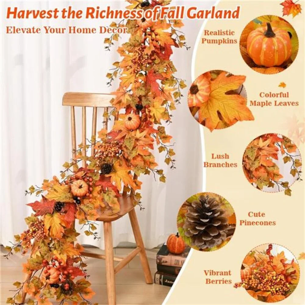 Fall Decor - 5.9 FT Fall Garland for Mantle, Artificial Fall Leaves Garland